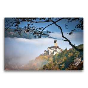 Premium Textil-Leinwand 75 x 50 cm Quer-Format Die Burg Kipfenberg im herbstlichen Morgennebel | Wandbild, HD-Bild auf Keilrahmen, Fertigbild auf hochwertigem Vlies, Leinwanddruck von Markus Treffer