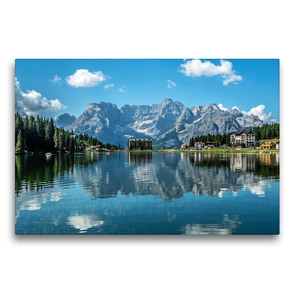 Premium Textil-Leinwand 75 x 50 cm Quer-Format Die Dolomiten spiegeln sich im Misurinasee | Wandbild, HD-Bild auf Keilrahmen, Fertigbild auf hochwertigem Vlies, Leinwanddruck von Sascha Ferrari