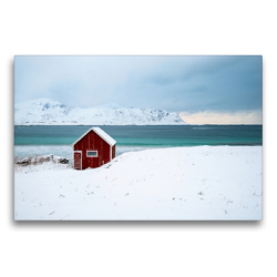 Premium Textil-Leinwand 75 x 50 cm Quer-Format Auf den Lofoten – Die Hütte am Meer | Wandbild, HD-Bild auf Keilrahmen, Fertigbild auf hochwertigem Vlies, Leinwanddruck von Astrid Purkert