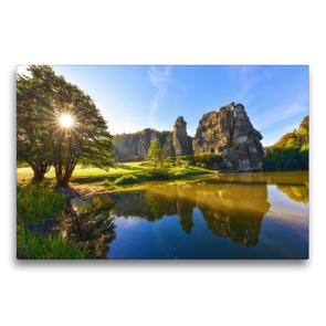 Premium Textil-Leinwand 75 x 50 cm Quer-Format Die Spiegelung der gigantischen Externsteine, Teutoburger Wald – Horn-Bad Meinberg | Wandbild, HD-Bild auf Keilrahmen, Fertigbild auf hochwertigem Vlies, Leinwanddruck von Bettina Hackstein