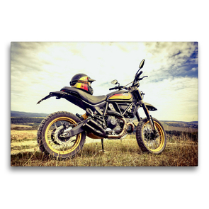 Premium Textil-Leinwand 75 x 50 cm Quer-Format Ducati Scrambler Desert Sled auf Hochebene im Herbst | Wandbild, HD-Bild auf Keilrahmen, Fertigbild auf hochwertigem Vlies, Leinwanddruck von Peter Franko