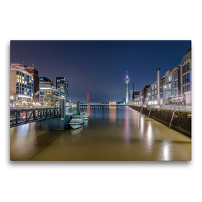 Premium Textil-Leinwand 75 x 50 cm Quer-Format Düsseldorf Medienhafen bei Nacht | Wandbild, HD-Bild auf Keilrahmen, Fertigbild auf hochwertigem Vlies, Leinwanddruck von Alexander Gründel