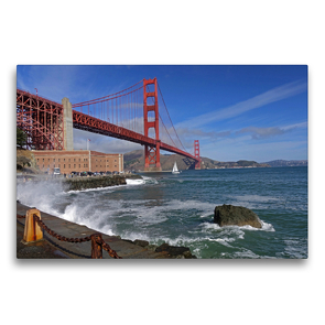 Premium Textil-Leinwand 75 x 50 cm Quer-Format Eindrucksvolle Golden Gate Bridge mit Fort Point über das Golden Gate in Kalifornien, San Francisco. Amerika, USA, Meer, Wasser, Ruhe, Architektur | Wandbild, HD-Bild auf Keilrahmen, Fertigbild auf hochwertigem Vlies, Leinwanddruck von Markus Pitzer