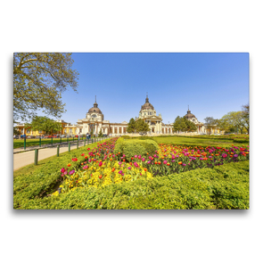 Premium Textil-Leinwand 75 x 50 cm Quer-Format Farbenfrohe Kulisse vor dem Széchenyi-Bad zur Frühlingszeit, Széchenyi-gyógyfürdő, 1891 | Wandbild, HD-Bild auf Keilrahmen, Fertigbild auf hochwertigem Vlies, Leinwanddruck von Bettina Hackstein