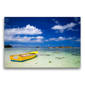 Premium Textil-Leinwand 75 x 50 cm Quer-Format Fischerboot an der Anse Forbans / Mahe / Seychellen | Wandbild, HD-Bild auf Keilrahmen, Fertigbild auf hochwertigem Vlies, Leinwanddruck von Janita Webeler