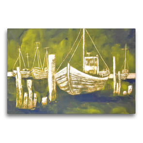 Premium Textil-Leinwand 75 x 50 cm Quer-Format Fischkutter an der Ostsee – monochromes Gemälde | Wandbild, HD-Bild auf Keilrahmen, Fertigbild auf hochwertigem Vlies, Leinwanddruck von Michaela Schimmack