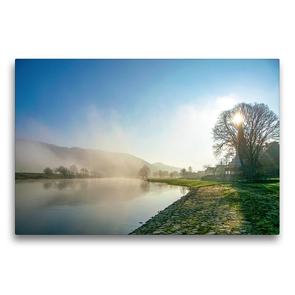 Premium Textil-Leinwand 75 x 50 cm Quer-Format Heinsen am Morgen, eine Weseransicht | Wandbild, HD-Bild auf Keilrahmen, Fertigbild auf hochwertigem Vlies, Leinwanddruck von Fotografiecentrum Weserbergland