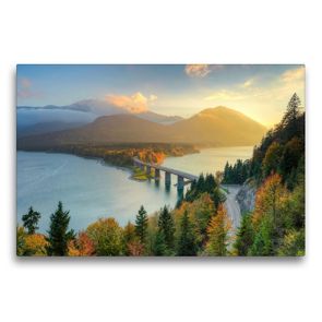 Premium Textil-Leinwand 75 x 50 cm Quer-Format Herbst am Sylvensteinsee in Bayern | Wandbild, HD-Bild auf Keilrahmen, Fertigbild auf hochwertigem Vlies, Leinwanddruck von Michael Valjak