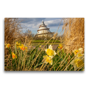 Premium Textil-Leinwand 75 x 50 cm Quer-Format Jahrtausendturm im Elbauenpark im Frühling | Wandbild, HD-Bild auf Keilrahmen, Fertigbild auf hochwertigem Vlies, Leinwanddruck von Andrea Schwingel