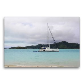 Premium Textil-Leinwand 75 x 50 cm Quer-Format Katamaran in der Baie Mataorio vor Bora Bora in der Südsee | Wandbild, HD-Bild auf Keilrahmen, Fertigbild auf hochwertigem Vlies, Leinwanddruck von Jana Thiem-Eberitsch