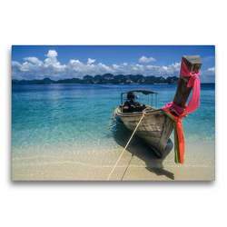 Premium Textil-Leinwand 75 x 50 cm Quer-Format Longtailboot am Strand | Wandbild, HD-Bild auf Keilrahmen, Fertigbild auf hochwertigem Vlies, Leinwanddruck von Christian Müringer