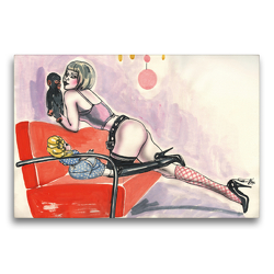 Premium Textil-Leinwand 75 x 50 cm Quer-Format my little monkey. Frau mit Äffchen und Puppe auf einer Couch. aussergewöhnliche Burlesque Pin-up Zeichnung der bekannten Marke „Burlesque up your wall“. Ein einzigartiges besonderes Bild | Wandbild, HD-Bild auf Keilrahmen, Fertigbild auf hochwertigem Vlies, Leinwanddruck von Sara Horwath