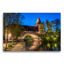 Premium Textil-Leinwand 75 x 50 cm Quer-Format Schlayerturm mit dem Kettensteg zur blauen Stunde | Wandbild, HD-Bild auf Keilrahmen, Fertigbild auf hochwertigem Vlies, Leinwanddruck von Björn Birkhahn