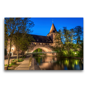 Premium Textil-Leinwand 75 x 50 cm Quer-Format Schlayerturm mit dem Kettensteg zur blauen Stunde | Wandbild, HD-Bild auf Keilrahmen, Fertigbild auf hochwertigem Vlies, Leinwanddruck von Björn Birkhahn