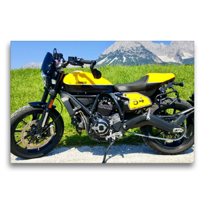 Premium Textil-Leinwand 75 x 50 cm Quer-Format Scrambler 800 vor Wiese und Gebirge | Wandbild, HD-Bild auf Keilrahmen, Fertigbild auf hochwertigem Vlies, Leinwanddruck von Peter Franko