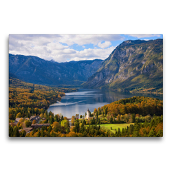 Premium Textil-Leinwand 75 x 50 cm Quer-Format See Bohinj Landschaft im Herbst | Wandbild, HD-Bild auf Keilrahmen, Fertigbild auf hochwertigem Vlies, Leinwanddruck von iPics Photography