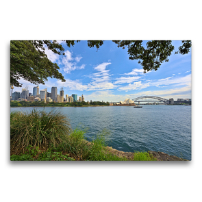 Premium Textil-Leinwand 75 x 50 cm Quer-Format Skyline von Sydney, Sydney Tower, Opera House und Harbour Bridge | Wandbild, HD-Bild auf Keilrahmen, Fertigbild auf hochwertigem Vlies, Leinwanddruck von Mathias Calabotta