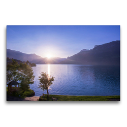 Premium Textil-Leinwand 75 x 50 cm Quer-Format Sonnenaufgang in Oberried am Brienzersee | Wandbild, HD-Bild auf Keilrahmen, Fertigbild auf hochwertigem Vlies, Leinwanddruck von Stefanie und Philipp Kellmann