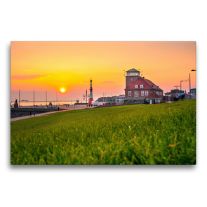 Premium Textil-Leinwand 75 x 50 cm Quer-Format Sonnenuntergang in Bremerhaven an der Weser | Wandbild, HD-Bild auf Keilrahmen, Fertigbild auf hochwertigem Vlies, Leinwanddruck von Steffen Flüchter