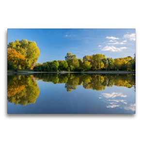 Premium Textil-Leinwand 75 x 50 cm Quer-Format Spiegelung der Herbstfarben im Marienbergpark | Wandbild, HD-Bild auf Keilrahmen, Fertigbild auf hochwertigem Vlies, Leinwanddruck von Björn Birkhahn