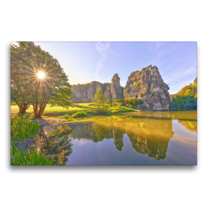 Premium Textil-Leinwand 75 x 50 cm Quer-Format Strahlendes Sonnenlicht und bezaubernde Spiegelung der Externsteine | Wandbild, HD-Bild auf Keilrahmen, Fertigbild auf hochwertigem Vlies, Leinwanddruck von Bettina Hackstein