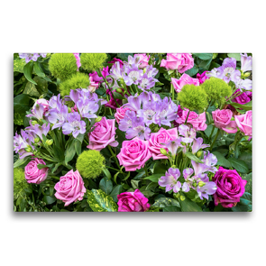 Premium Textil-Leinwand 75 x 50 cm Quer-Format Strauß mit rosa farbenen Rosen und violett weißen Freesien | Wandbild, HD-Bild auf Keilrahmen, Fertigbild auf hochwertigem Vlies, Leinwanddruck von Dieter Meyer