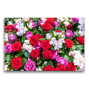 Premium Textil-Leinwand 75 x 50 cm Quer-Format Strauß mit roten und dunkelrosa Rosen mit Freesien | Wandbild, HD-Bild auf Keilrahmen, Fertigbild auf hochwertigem Vlies, Leinwanddruck von Dieter Meyer