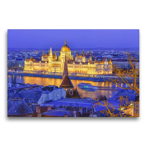 Premium Textil-Leinwand 75 x 50 cm Quer-Format Traumhafter Blick über die Donau auf das Parlament von der Fischerbastei aus, zur blauen Stunde | Wandbild, HD-Bild auf Keilrahmen, Fertigbild auf hochwertigem Vlies, Leinwanddruck von Bettina Hackstein