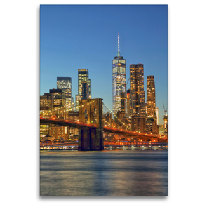 Premium Textil-Leinwand 80 x 120 cm Hoch-Format Brooklyn Bridge und Skyline Manhattan mit One World Trade Center | Wandbild, HD-Bild auf Keilrahmen, Fertigbild auf hochwertigem Vlies, Leinwanddruck von gro