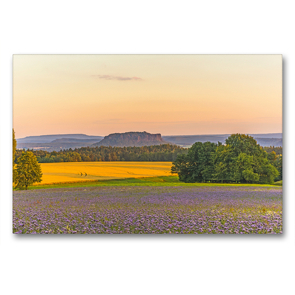 Premium Textil-Leinwand 90 x 60 cm Quer-Format Abendlicher Blick zum Lilienstein | Wandbild, HD-Bild auf Keilrahmen, Fertigbild auf hochwertigem Vlies, Leinwanddruck von NJ