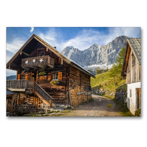 Premium Textil-Leinwand 90 x 60 cm Quer-Format Alte Hütte auf der Neustattalm (1.530 m) vor der Dachstein-Südwand | Wandbild, HD-Bild auf Keilrahmen, Fertigbild auf hochwertigem Vlies, Leinwanddruck von Christian Müringer