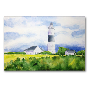 Premium Textil-Leinwand 90 x 60 cm Quer-Format Aquarell vom Leuchtturm Kampen auf Sylt | Wandbild, HD-Bild auf Keilrahmen, Fertigbild auf hochwertigem Vlies, Leinwanddruck von Michaela Schimmack