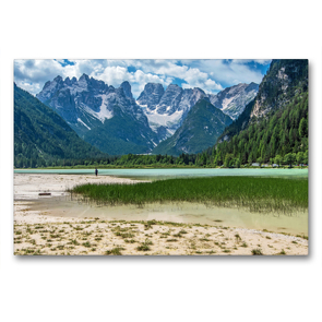 Premium Textil-Leinwand 90 x 60 cm Quer-Format Blick zum Dürrensee und zur Cristallogruppe in den Dolomiten | Wandbild, HD-Bild auf Keilrahmen, Fertigbild auf hochwertigem Vlies, Leinwanddruck von Sascha Ferrari