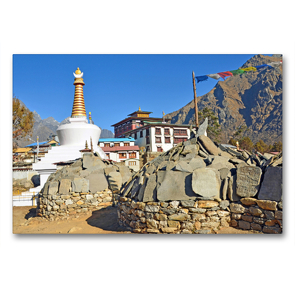 Premium Textil-Leinwand 90 x 60 cm Quer-Format Blick zur Tengboche Gompa auf 3860 m Höhe, dem wichtigsten buddhistischen Kloster im Khumbu | Wandbild, HD-Bild auf Keilrahmen, Fertigbild auf hochwertigem Vlies, Leinwanddruck von Ulrich Senff