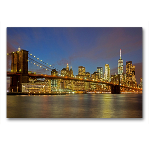 Premium Textil-Leinwand 90 x 60 cm Quer-Format Brooklyn Bridge mit Skyline bei Nacht | Wandbild, HD-Bild auf Keilrahmen, Fertigbild auf hochwertigem Vlies, Leinwanddruck von Franz Tangermann