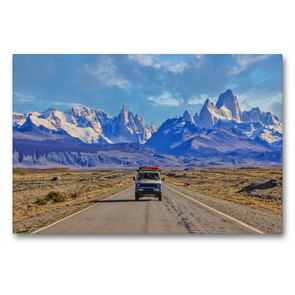 Premium Textil-Leinwand 90 x 60 cm Quer-Format Cerro Torre & Fitz Roy, Patagonien, Argentinien – Campervan Vanlife | Wandbild, HD-Bild auf Keilrahmen, Fertigbild auf hochwertigem Vlies, Leinwanddruck von © viaje.ch