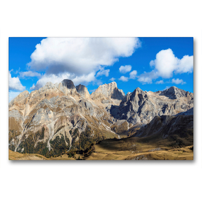 Premium Textil-Leinwand 90 x 60 cm Quer-Format Der Gran Vernel (3210 m) und die Punta Penia (3343 m), der höchste Gipfel der Marmolata Gruppe, in den herbstlichen Dolomiten | Wandbild, HD-Bild auf Keilrahmen, Fertigbild auf hochwertigem Vlies, Leinwanddruck von Martin Zwick