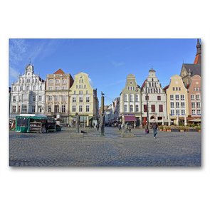 Premium Textil-Leinwand 90 x 60 cm Quer-Format Der Neue Markt mit dem Möwenbrunnen, Rostocks zentraler Platz | Wandbild, HD-Bild auf Keilrahmen, Fertigbild auf hochwertigem Vlies, Leinwanddruck von Ulrich Senff