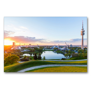 Premium Textil-Leinwand 90 x 60 cm Quer-Format Der Olympiapark mit dem Olympiastadion und dem Olympiaturm in München | Wandbild, HD-Bild auf Keilrahmen, Fertigbild auf hochwertigem Vlies, Leinwanddruck von Werner Dieterich