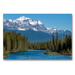 Premium Textil-Leinwand 90 x 60 cm Quer-Format Der verschneite Gipfel des Mount Temple erhebt sich hoch über das bewaldete Tal des Bow River | Wandbild, HD-Bild auf Keilrahmen, Fertigbild auf hochwertigem Vlies, Leinwanddruck von Daniel Meissner