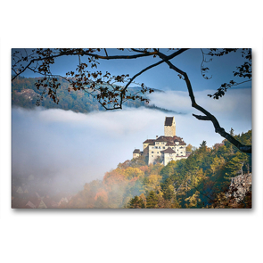 Premium Textil-Leinwand 90 x 60 cm Quer-Format Die Burg Kipfenberg im herbstlichen Morgennebel | Wandbild, HD-Bild auf Keilrahmen, Fertigbild auf hochwertigem Vlies, Leinwanddruck von Markus Treffer