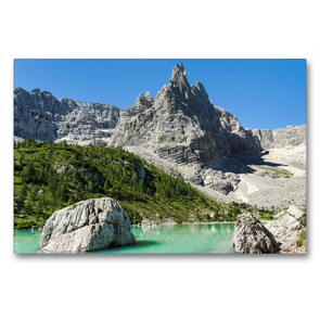 Premium Textil-Leinwand 90 x 60 cm Quer-Format Die Cima de Falkner (3053 m), der Dito di Dio (2603 m) und der Lago di Sorapis in den Ampezzaner Dolomiten | Wandbild, HD-Bild auf Keilrahmen, Fertigbild auf hochwertigem Vlies, Leinwanddruck von Martin Zwick