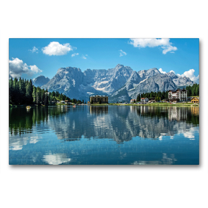 Premium Textil-Leinwand 90 x 60 cm Quer-Format Die Dolomiten spiegeln sich im Misurinasee | Wandbild, HD-Bild auf Keilrahmen, Fertigbild auf hochwertigem Vlies, Leinwanddruck von Sascha Ferrari