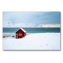 Premium Textil-Leinwand 90 x 60 cm Quer-Format Auf den Lofoten – Die Hütte am Meer | Wandbild, HD-Bild auf Keilrahmen, Fertigbild auf hochwertigem Vlies, Leinwanddruck von Astrid Purkert