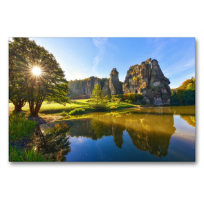 Premium Textil-Leinwand 90 x 60 cm Quer-Format Die Spiegelung der gigantischen Externsteine, Teutoburger Wald – Horn-Bad Meinberg | Wandbild, HD-Bild auf Keilrahmen, Fertigbild auf hochwertigem Vlies, Leinwanddruck von Bettina Hackstein