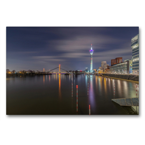 Premium Textil-Leinwand 90 x 60 cm Quer-Format Düsseldorf Medienhafen bei Hochwasser | Wandbild, HD-Bild auf Keilrahmen, Fertigbild auf hochwertigem Vlies, Leinwanddruck von Alexander Gründel