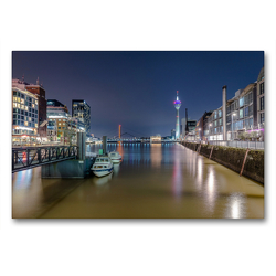 Premium Textil-Leinwand 90 x 60 cm Quer-Format Düsseldorf Medienhafen bei Nacht | Wandbild, HD-Bild auf Keilrahmen, Fertigbild auf hochwertigem Vlies, Leinwanddruck von Alexander Gründel