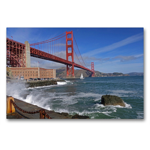 Premium Textil-Leinwand 90 x 60 cm Quer-Format Eindrucksvolle Golden Gate Bridge mit Fort Point über das Golden Gate in Kalifornien, San Francisco. Amerika, USA, Meer, Wasser, Ruhe, Architektur | Wandbild, HD-Bild auf Keilrahmen, Fertigbild auf hochwertigem Vlies, Leinwanddruck von Markus Pitzer