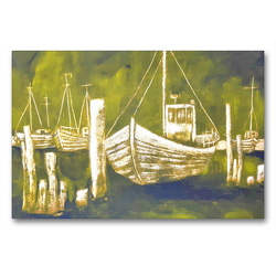 Premium Textil-Leinwand 90 x 60 cm Quer-Format Fischkutter an der Ostsee – monochromes Gemälde | Wandbild, HD-Bild auf Keilrahmen, Fertigbild auf hochwertigem Vlies, Leinwanddruck von Michaela Schimmack