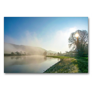 Premium Textil-Leinwand 90 x 60 cm Quer-Format Heinsen am Morgen, eine Weseransicht | Wandbild, HD-Bild auf Keilrahmen, Fertigbild auf hochwertigem Vlies, Leinwanddruck von Fotografiecentrum Weserbergland